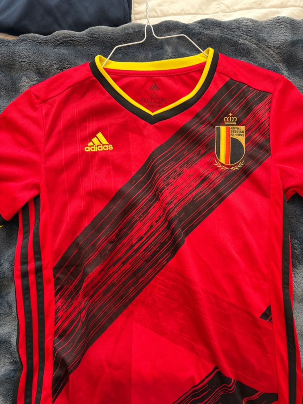 adidas Kids Red & Black Belgium Soccer Jersey with Yellow Accents
